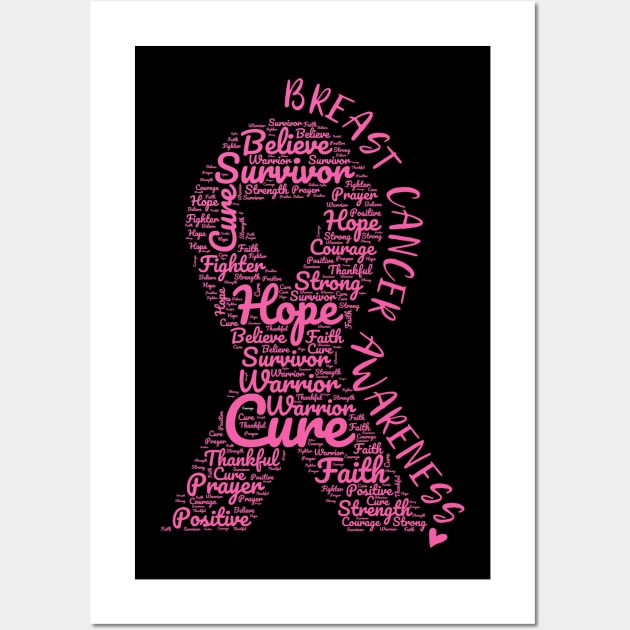 Breast Cancer Awareness Pink Ribbon With Positive Words Wall Art by Rosemarie Guieb Designs